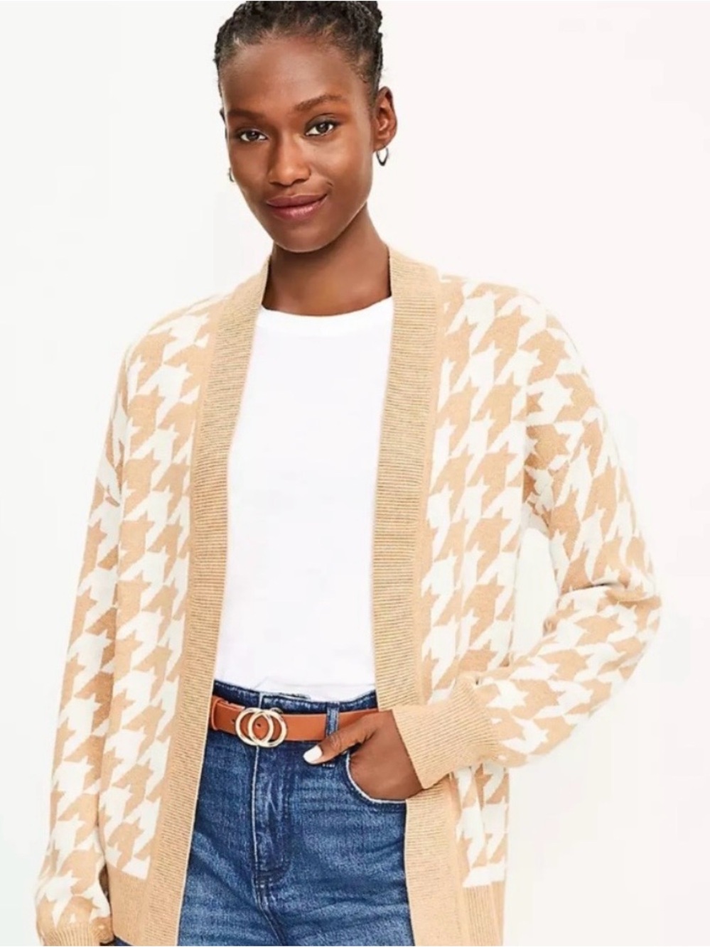 LOFT Houndstooth Open Cardigan in Beige and Cream